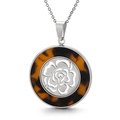 Silver necklace with a hollow rose pendant featuring a brown tortoiseshell resin outer ring - Steel Color Hollow Rose (KP81105-KC) / Steel