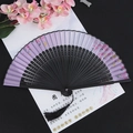 Purple folding fan with floral patterns and black bamboo carved ribs with tassel - Colored Cherry Purple White Black Handle