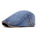 Béret en denim délavé bleu foncé avec garniture en cuir marron et boucle de réglage - Bleu 1