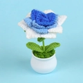 Detailed macro view of handmade crochet blue rose in white ceramic pot home decor - Gradient Blue