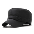 Detail of black cadet cap featuring side stitching and metallic oval logo plaque - Adjustable / Black