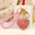 Pink rhinestone heart keychain with matching woven strap and golden metal ring - Rhinestone Heart Pink