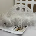 Detail of handcrafted white beaded evening bag with fluffy ostrich feathers on magazine - Clear