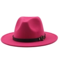 Close-up of rose red wool felt fedora hat with black leather band and gold metal buckle - M (56-58cm) / Rose Red