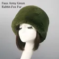 Detail of Army Green faux rex rabbit and fox fur material on warm Russian style hat - Army Green Faux Rex Rabbit Fox