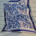 Blue and white paisley print square scarf displayed on white wooden background slats - Navy Blue Cashew Nut Square Scarf / 65