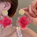 Close-up of pink fabric flower earrings with hammered gold metal details on a model - 38# Silver Needle - Gold - Rose Red