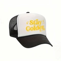 Cappellino trucker classico bianco e nero con stampa Stay Golden gialla e rete posteriore - Nero e Bianco