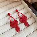 Elegant matte red leaf tassel earrings with hollow water drop design and silver pins - Silver Pin - Red - Hollow Waterdrop Leaf (32#)