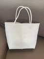 White hand-woven PVC straw tote bag for summer beach vacation with dual handles - Large / White