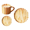 Japanese retro ceramic mug and plate set with hand-painted brown stripes on white base - Three-Piece Set / Brown