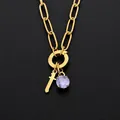 Gold stainless steel necklace with lowercase letter t and purple crystal pendant charms - Lowercase t
