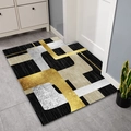 Modern rectangular doormat with black, white, gray, and gold abstract geometric pattern - Right Angle Art
