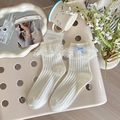 Witte Ballet Lolita kniekousen met kantafwerking en een blauw geblokte strik - Eén maat / Geruite Strik