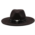 Detail of western cowboy hat with ethnic band and silver bull skull metal ornament - M (56-58cm) / Coffee
