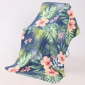 Navy blue double-sided microfiber beach towel with pink hibiscus and tropical leaf pattern - L-Dark Blue Hibiscus Tropical Jungle