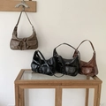 Retro faux leather baguette shoulder bag in dark brown and black vintage aesthetic - Brown