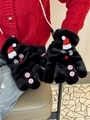 Guanti natalizi in peluche nera con cappello da pupazzo di neve rosso e bottone - Guanti a 5 dita / Guanti da Babbo Natale a Cinque Dita Neri