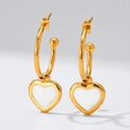 French retro gold C-shape hoop earrings with white mother-of-pearl heart charms - Gold White Style (KDE933)
