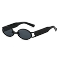 Vintage retro round oval frame sunglasses in glossy black finish with dark grey lenses - Black Frame Grey Lens