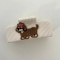 Cute cream knitted hair claw clip featuring brown puppy embroidery with pink bow - 19# White Dog Hair Claw