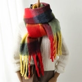 Detail of colorful rainbow plaid scarf with thick tassels and warm mohair texture - Red Yellow Blue Green Multicolor Plaid (WJ137-29)