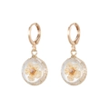 Gold-finish drop earrings featuring yellow dried flowers inside a clear round glass sphere - Round Pendant / Yellow