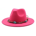 Rose red wool fedora hat with bohemian turquoise beads and braided band decoration - M (56-58cm) / Rose Red