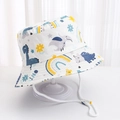Detail of white kids sun hat with colorful dinosaur prints and adjustable chin strap - White Star Dinosaur Group