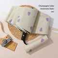 Champagne automatic 3-fold umbrella featuring purple tulips and star patterns - 306 Automatic / Sycamore Beige Tulip