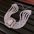 Detail of multi-layer pearl necklace with a large rectangular rhinestone pendant - Multi-layer Pearl Necklace / 35# Necklace-Silver-6mm