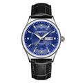 Men's luminous blue dial quartz watch with black leather strap and double calendar display - Silver Case Blue Dial Black Leather Strap