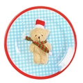 Beige Christmas bear figurine with red hat and striped scarf on checkered plate - Light Brown Joint Bear with Red and Green Scarf