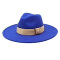 Detail of navy wool fedora hat featuring a khaki ribbon and golden bee metal buckle - M (56-58cm) / Blue