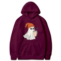 Burgundy Halloween hoodie featuring a cute ghost with orange beanie and coffee cup - Burgundy