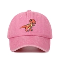 Pink washed cotton baseball cap featuring embroidered T-Rex dinosaur and curved brim - 52-54cm / Pink