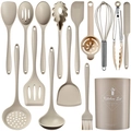 Juego de 13 utensilios de cocina de silicona resistentes al calor en color caqui con bote - Juego de 15 Piezas / Caqui