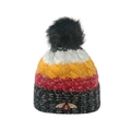 Women's warm winter beanie with striped knit, large faux fur pompom, and bee embroidery - M(56-58cm) / Black