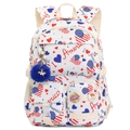 Detailed front view of white backpack with America patterns and blue pom-pom charm - With Blue Fur Ball / Printing