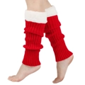 Close-up of red knit leg warmer with white faux fur trim on model's leg over white background - One Size / Red