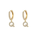 Elegant gold letter Q drop earrings featuring pavé white zircon stones on a hoop - Letter Q / Gold