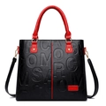 Black embossed faux leather handbag with red handles and detachable shoulder strap - Red