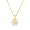 Gold hexagon pendant necklace featuring pink shell inlay and letter O charm - Pink Shell O