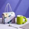 Green ceramic mug with bubble handle and matching floral gift box in purple setting - Beaded Handle Mug / Gift Box / Apple Green