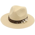 Detail of leopard print band with pearls and floral accents on a beige panama straw hat - Beige