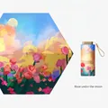 Paraguas plano ultraligero con diseño artístico Rose Under The Moon y mango dorado - 19 Pulgadas 6 Varillas / Rosa bajo la luna