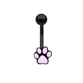 Détail d'un piercing de nombril patte de chat rose avec barre noire sur fond blanc - Patte de Chat Noir et Rose
