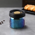 Vacuum sealed glass storage jar for coffee beans with black lid and golden press button - 500ml / Iridescent Bottle / Gold