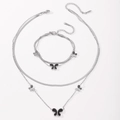 Detail of silver double-layered snake chain set with black butterfly charms - Steel Color Black Shell Butterfly Jewelry Set (O502)