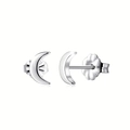 Polished stainless steel crescent moon stud earrings with petal shaped backs on white background - Silver Moon Stud Earrings